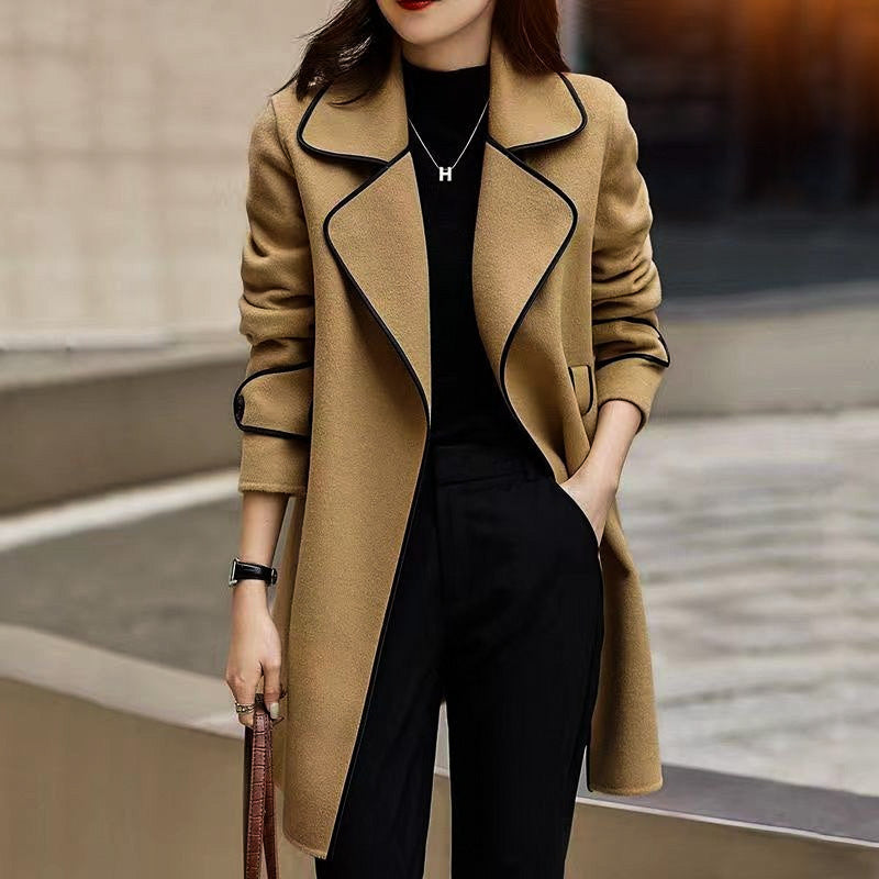 Wool Coat | Elegant A-Line Design with Belted Waist and Contrast Piping 6