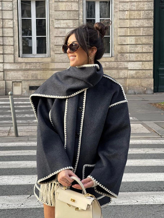 Woolen Jacket | Oversized Coat with Scarf Tassel Detailing for Chic Style 0