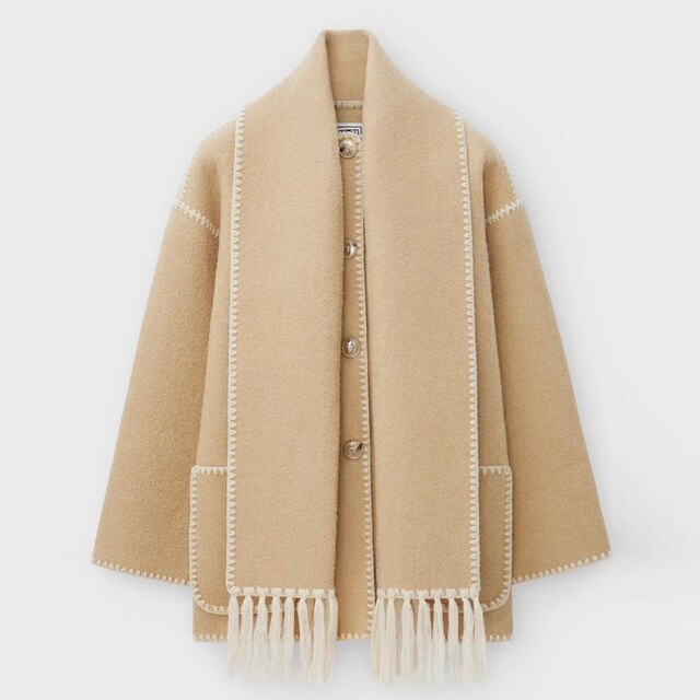 Woolen Jacket | Oversized Coat with Scarf Tassel Detailing for Chic Style 10