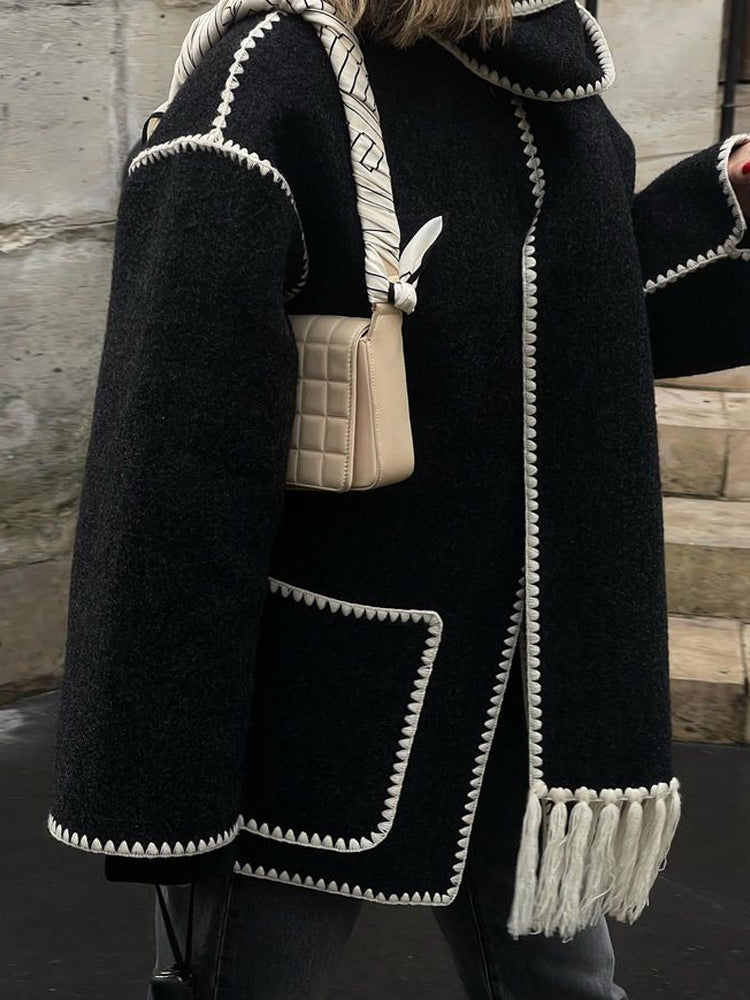 Woolen Jacket | Oversized Coat with Scarf Tassel Detailing for Chic Style 2