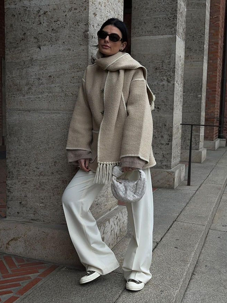 Woolen Jacket | Oversized Coat with Scarf Tassel Detailing for Chic Style 3