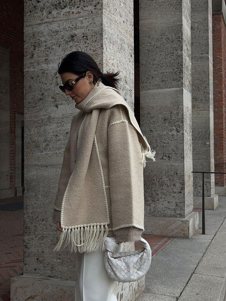 Woolen Jacket | Oversized Coat with Scarf Tassel Detailing for Chic Style 4