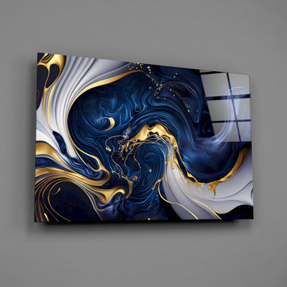 Arte de pared de vidrio azul medianoche con elegantes remolinos dorados