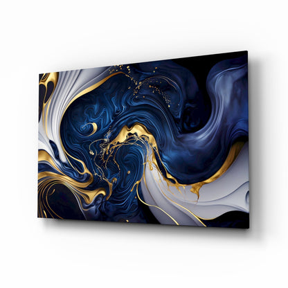 Arte de pared de vidrio azul medianoche con elegantes remolinos dorados