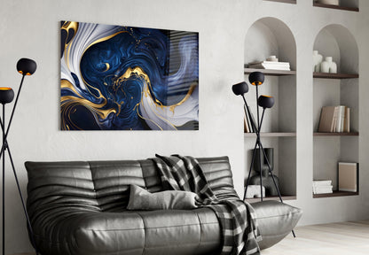 Arte de pared de vidrio azul medianoche con elegantes remolinos dorados