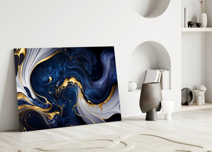 Arte de pared de vidrio azul medianoche con elegantes remolinos dorados