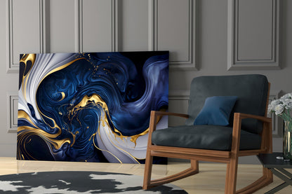 Arte de pared de vidrio azul medianoche con elegantes remolinos dorados
