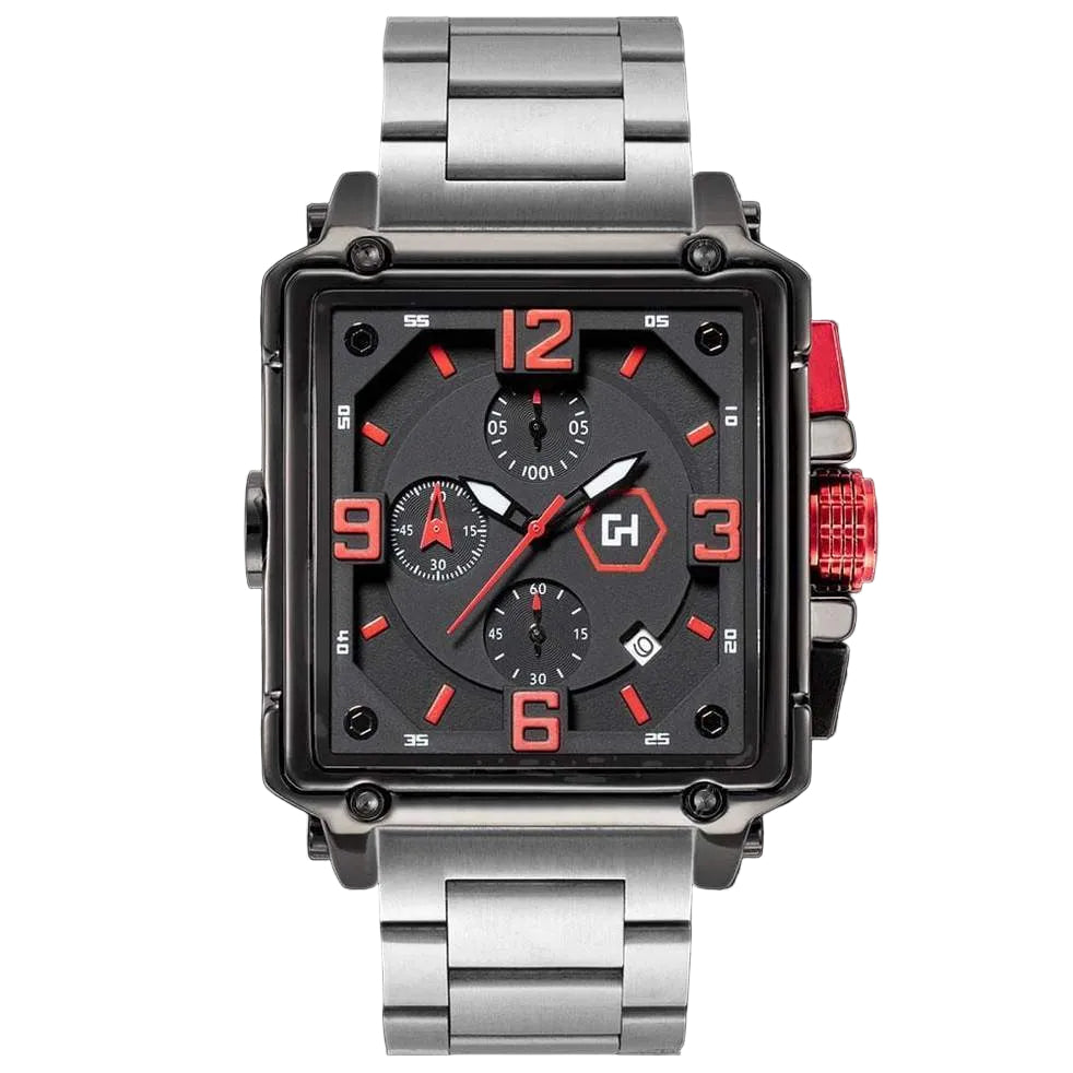 Wristwatch with a black face, red accents, and silver metal strap on a white background