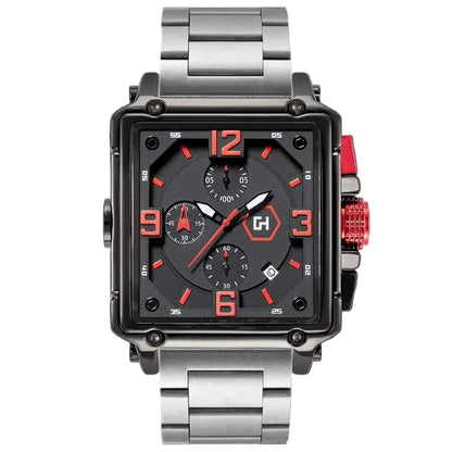 Wristwatch with a black face, red accents, and silver metal strap on a white background
