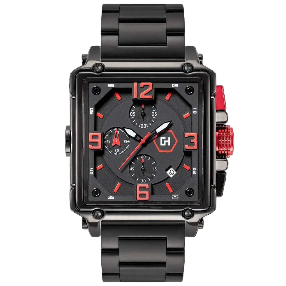 Black and red watch with a prominent brand logo on a black background