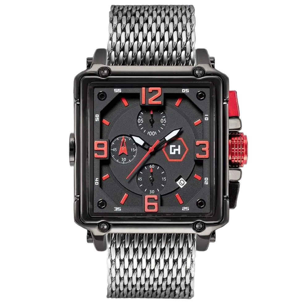 Wristwatch with black face, red accents, and silver mesh band on a black background