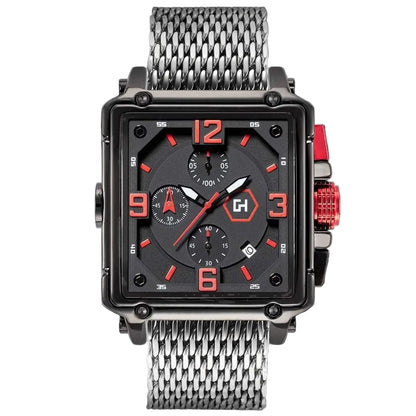 Wristwatch with black face, red accents, and silver mesh band on a black background