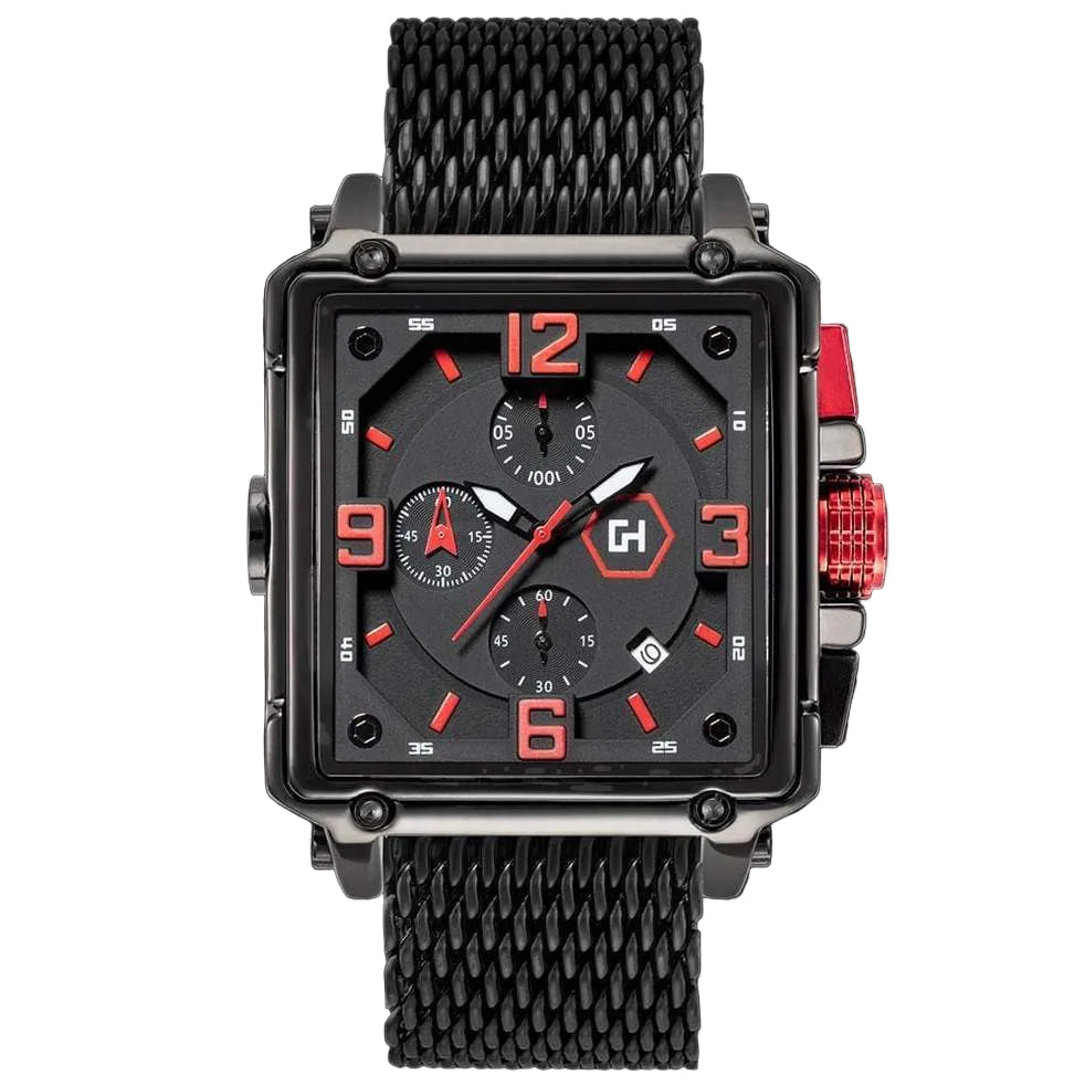 Black and red watch with a detailed face on a black background