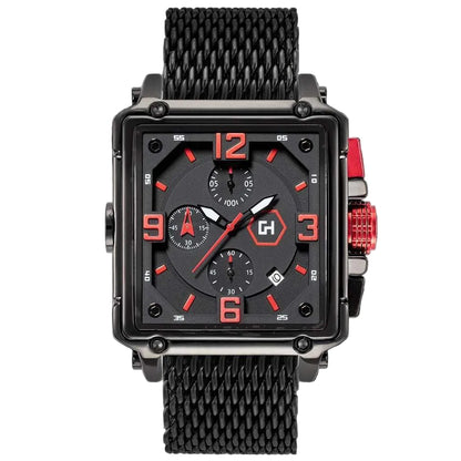 Black and red watch with a detailed face on a black background