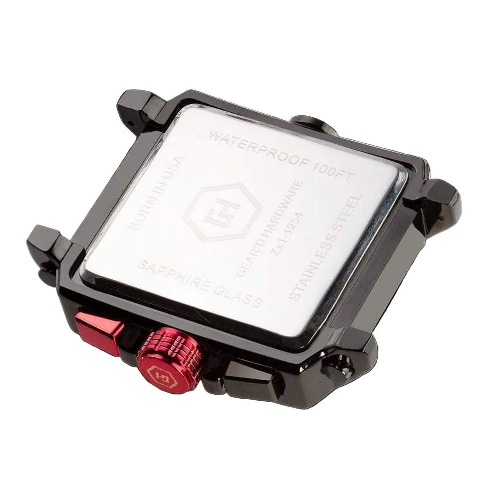 Black and red watch with a clear face on a black background