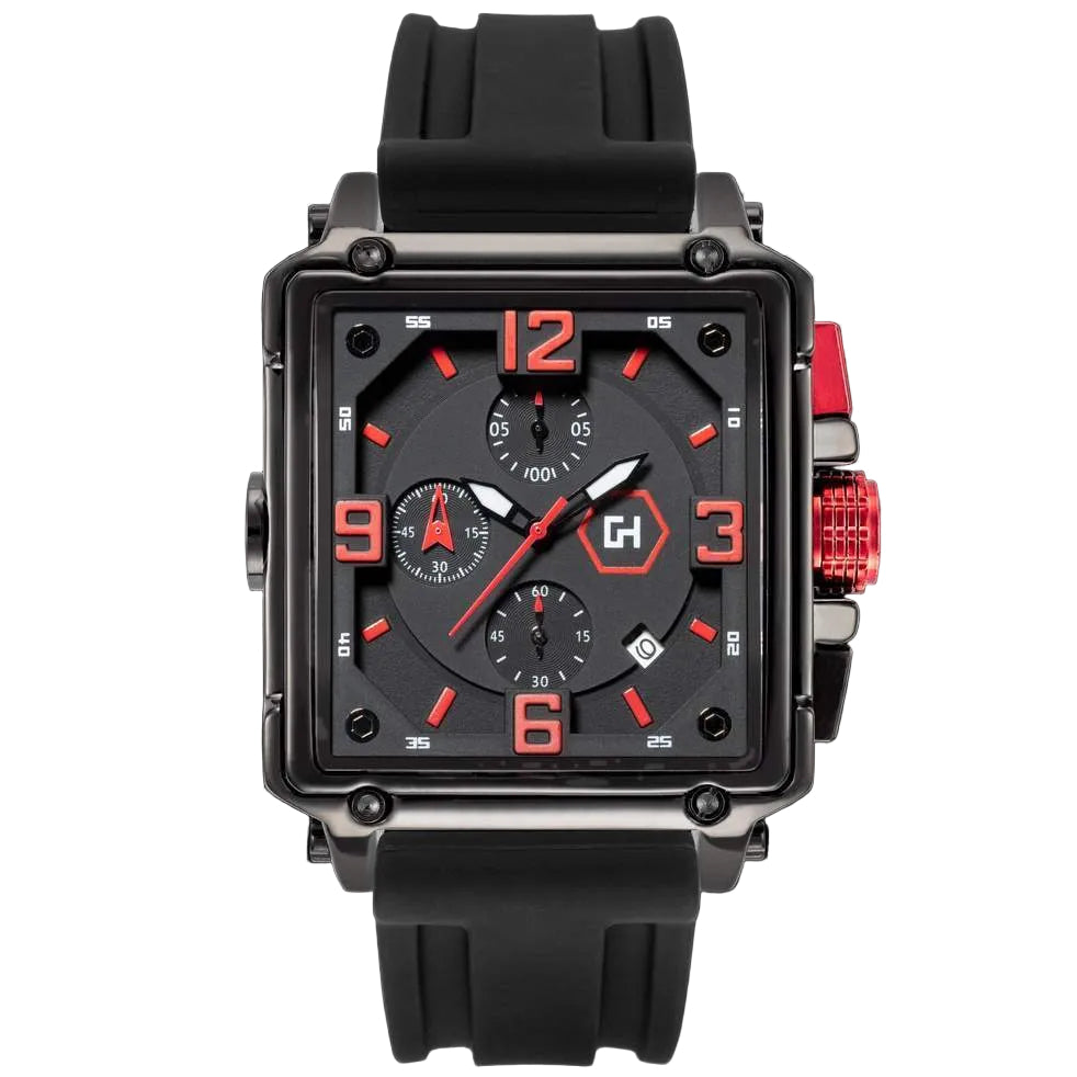 Black and red watch with a detailed face on a black background