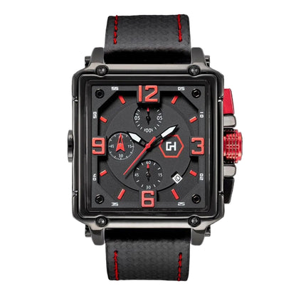 Black and red watch with a detailed face on a black background