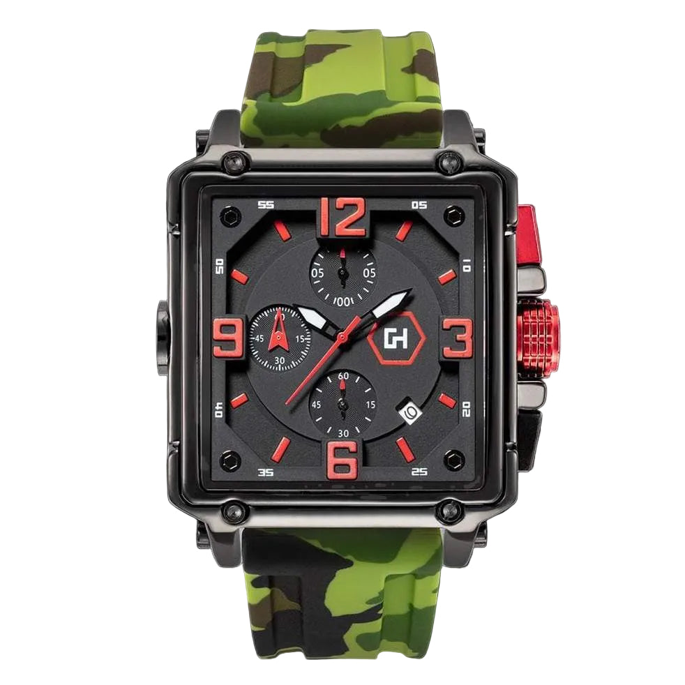 Wristwatch with green camouflage strap and black square face on a white background