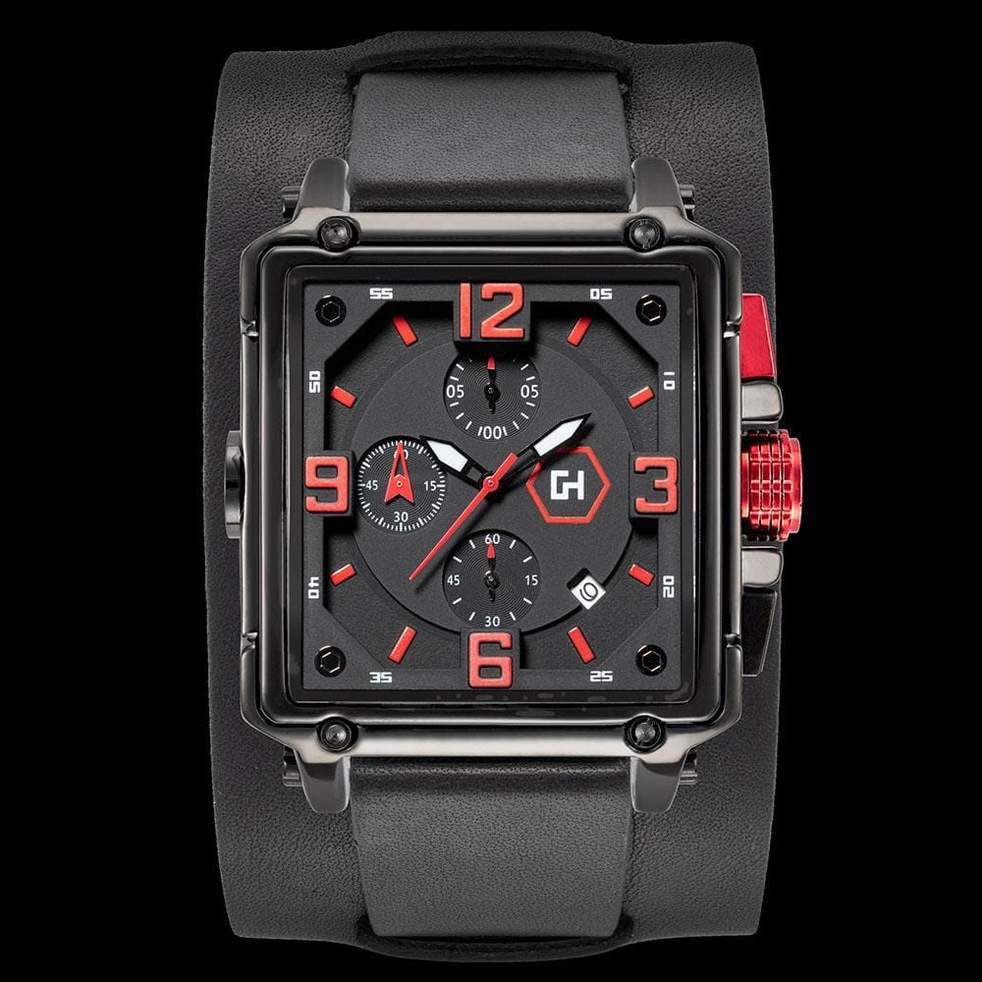 Black and red watch with a prominent brand logo on a black background