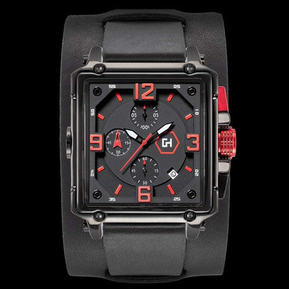Black and red watch with a prominent brand logo on a black background