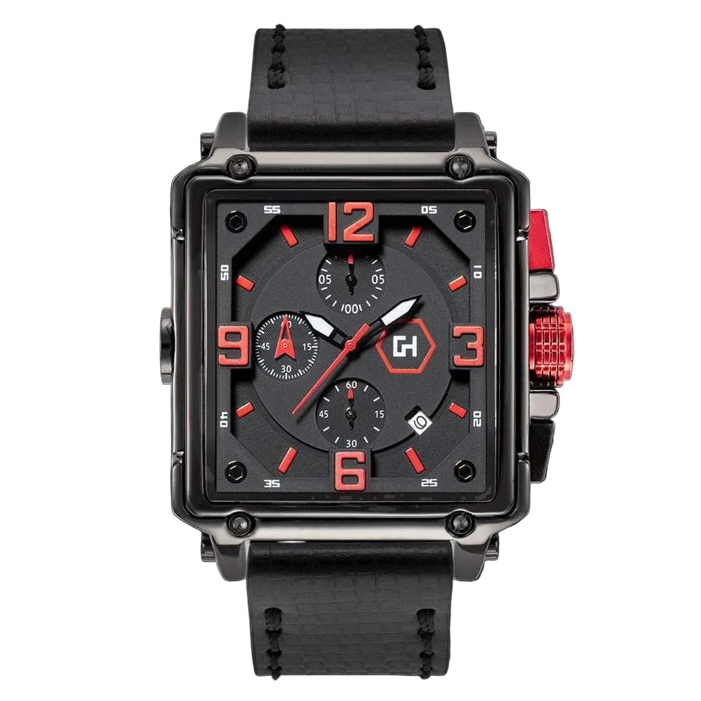 Black and red watch with a prominent brand logo on a black background