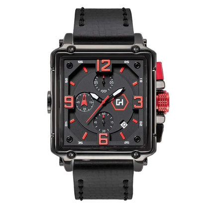 Black and red watch with a prominent brand logo on a black background