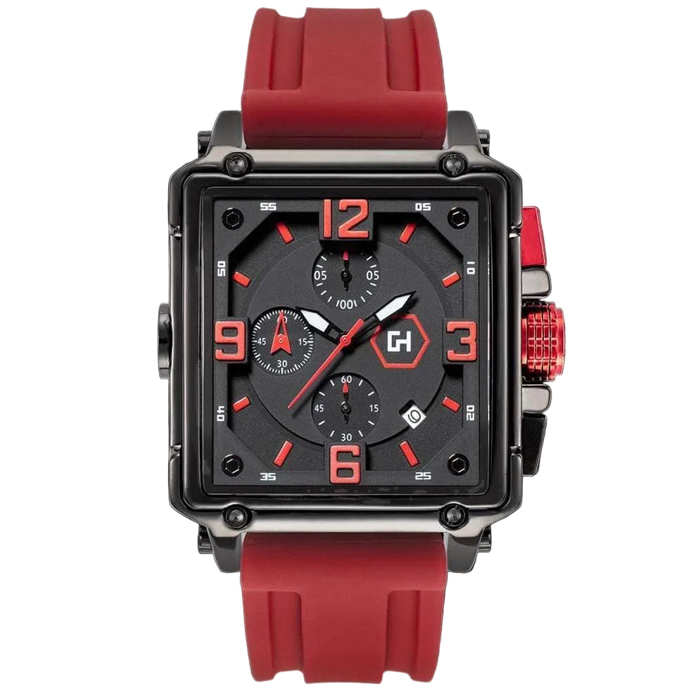 Wristwatch with red strap and black dial on a white background