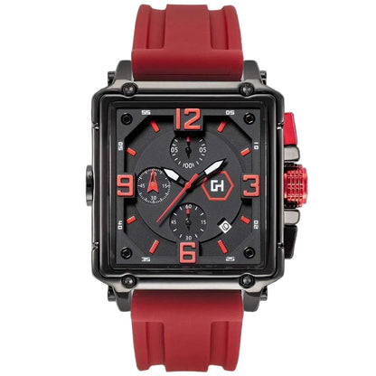 Wristwatch with red strap and black dial on a white background