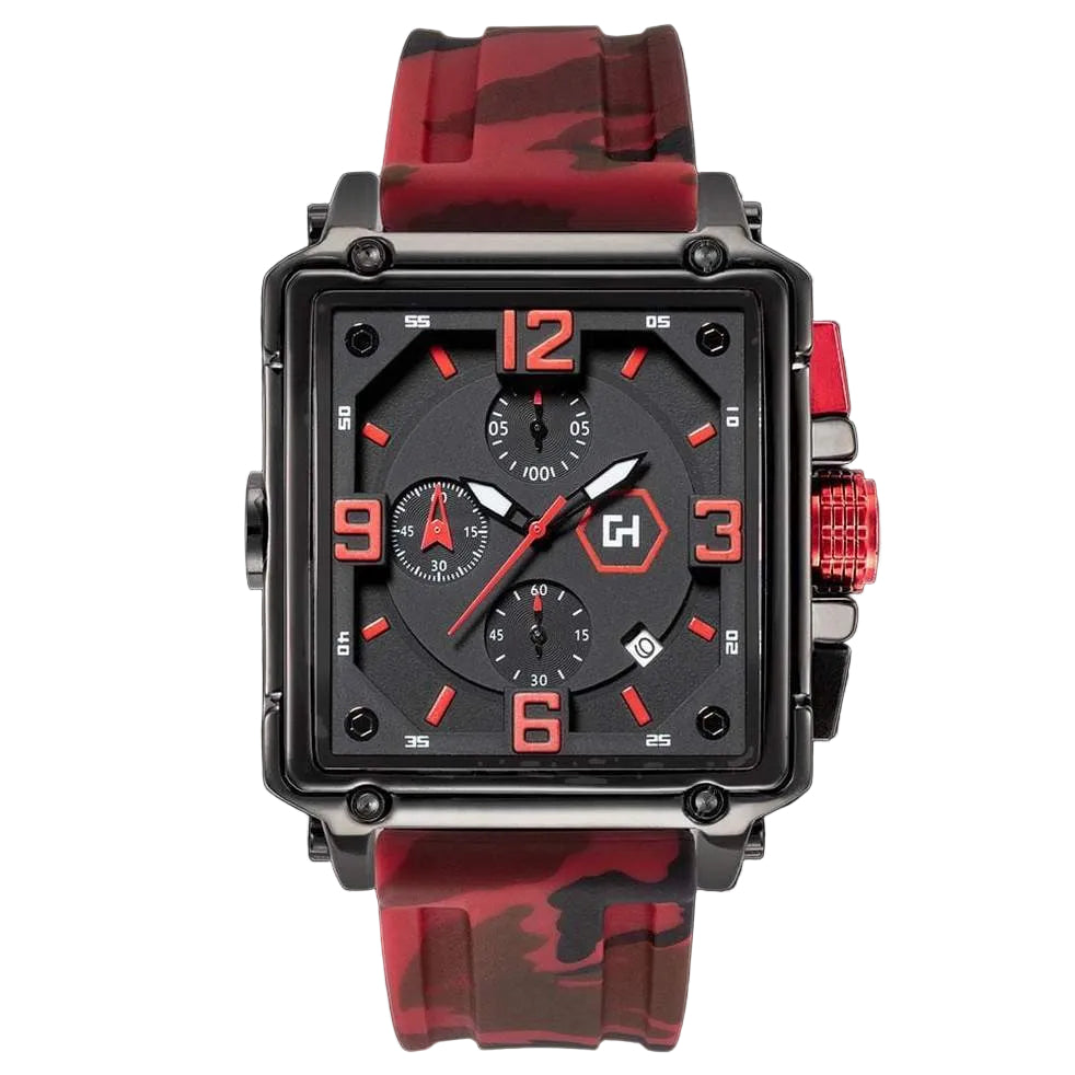 Wristwatch with red and black strap on a white background