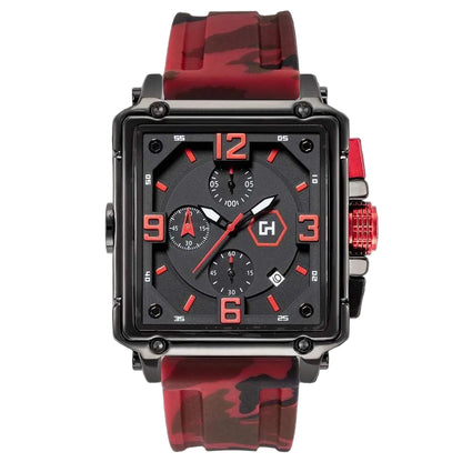 Wristwatch with red and black strap on a white background