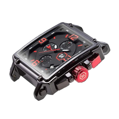 Black and red watch with a detailed face on a black background