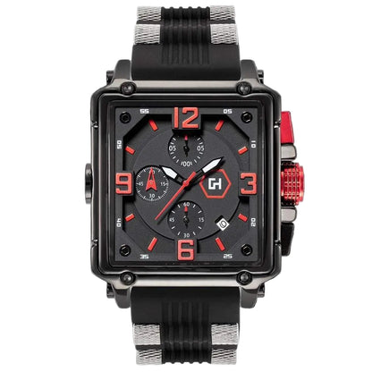 Black and red watch with a detailed face on a white background
