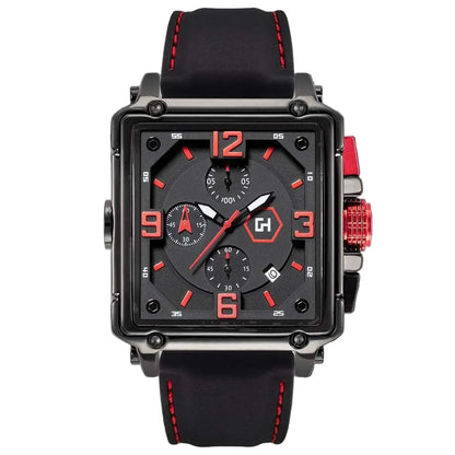 Black watch with red accents on a black background