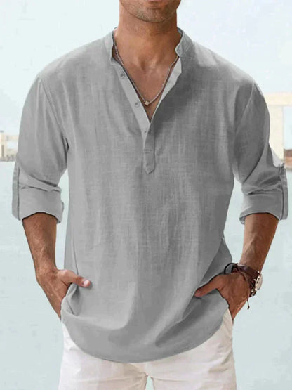 Collared V-Neck Linen Shirt