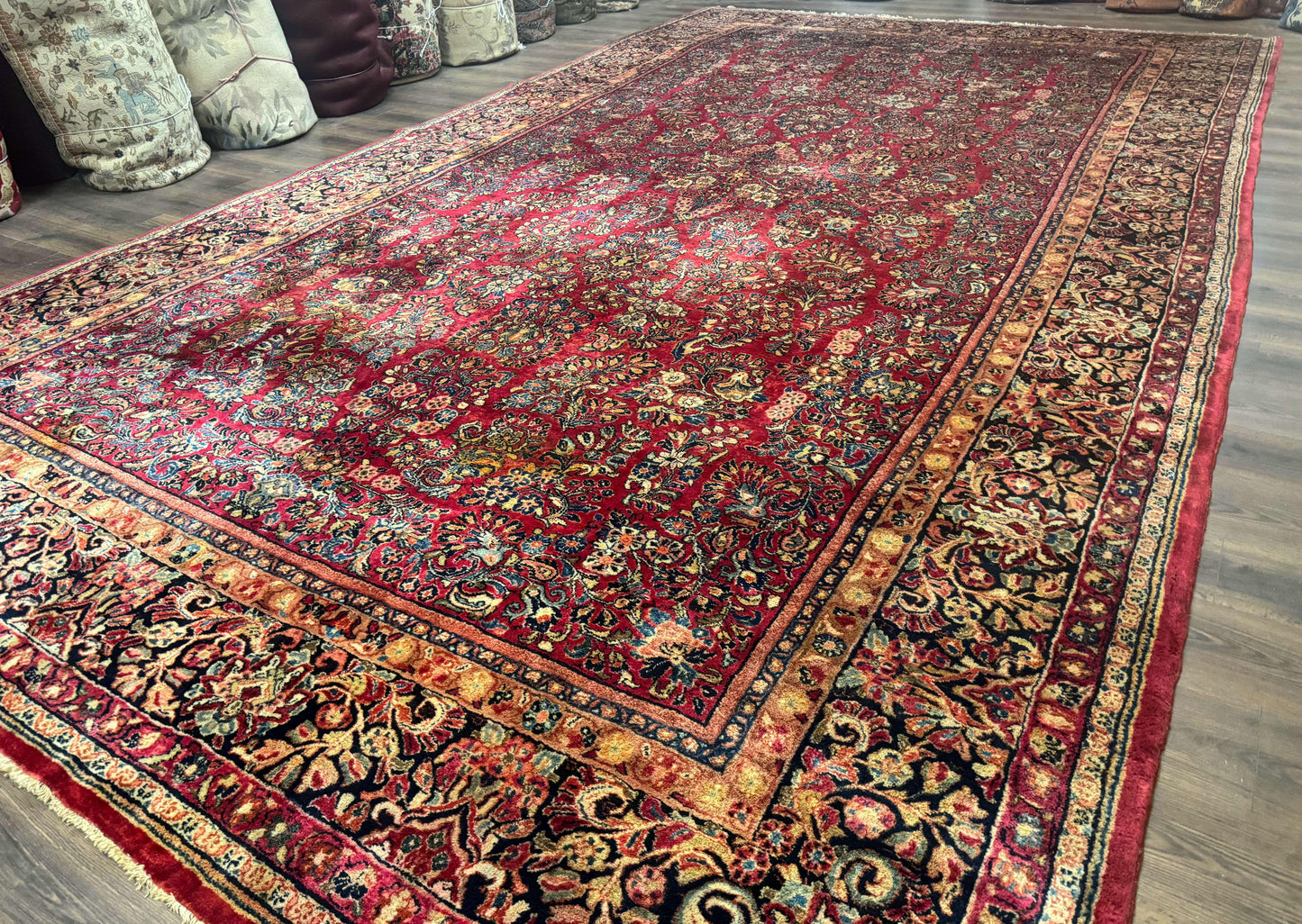 Persian Sarouk Rug 10x18, Palace Size Antique Persian Carpet, Wool, Red, Floral, Handmade Traditional Persian Rug, Extra Large Rug