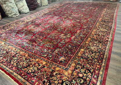 Persian Sarouk Rug 10x18, Palace Size Antique Persian Carpet, Wool, Red, Floral, Handmade Traditional Persian Rug, Extra Large Rug