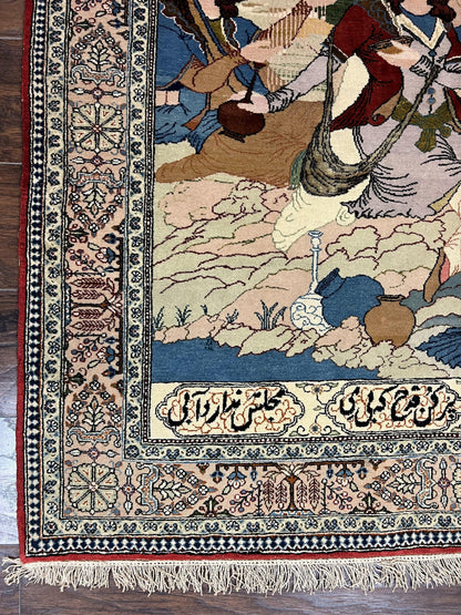 Vintage Persian Qum Pictorial Rug 5x7 - Wool & Silk
