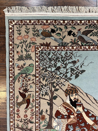 Indo Persian Pictorial Rug 4x7, Handmade Hand Knotted Wool Semi Antique Horizontal Carpet, Men & Women Drinking, Fine Rug, Bird Pictorials