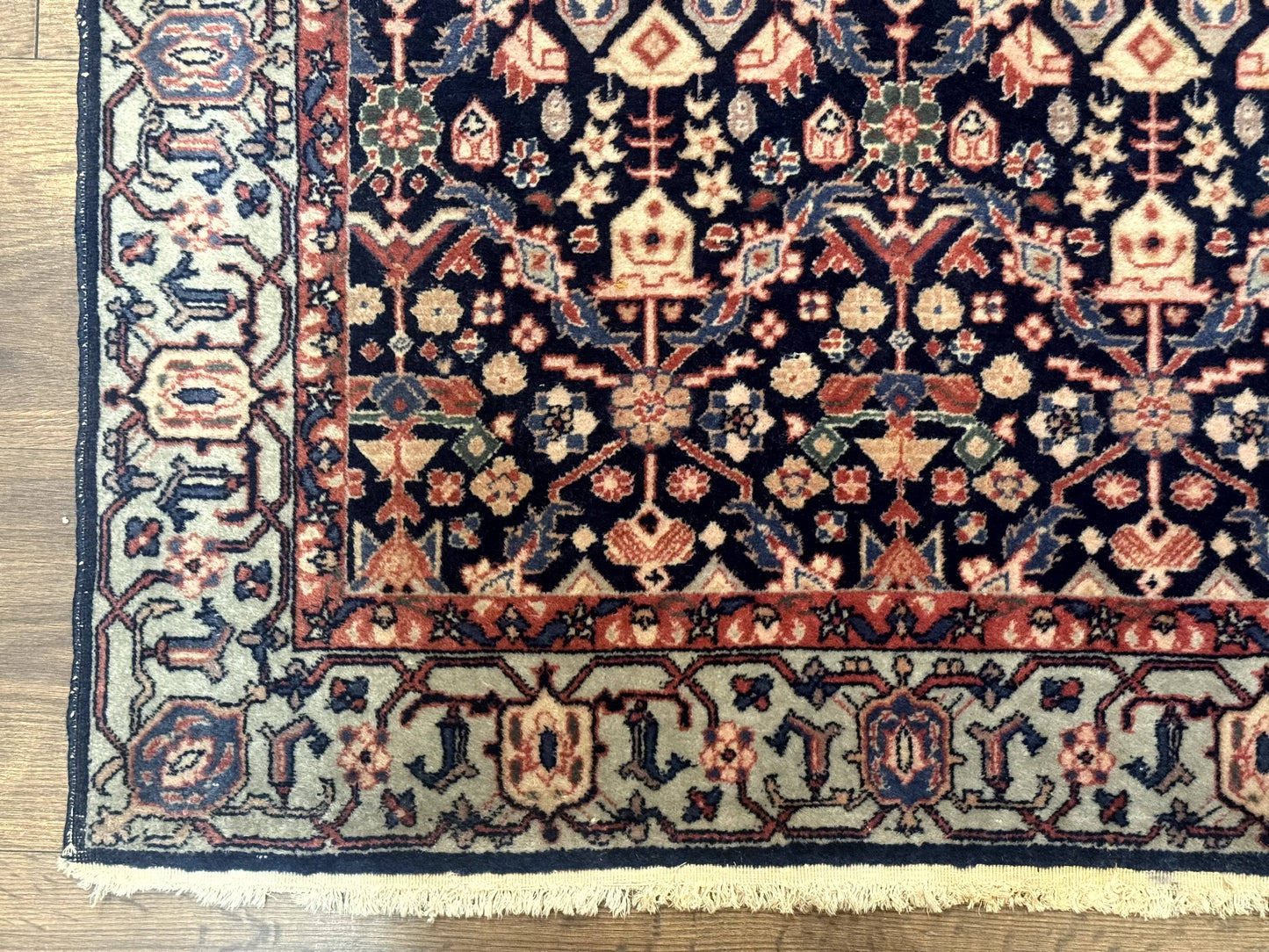 Indo Persian Runner Rug 2.8 x 12, Navy Blue, Floral, Fine 270 KPSI