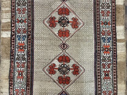 Rare Persian Sarab Tribal Runner Rug 4 x 10, Antique, Geometric Medallions, Camel Hair Runner