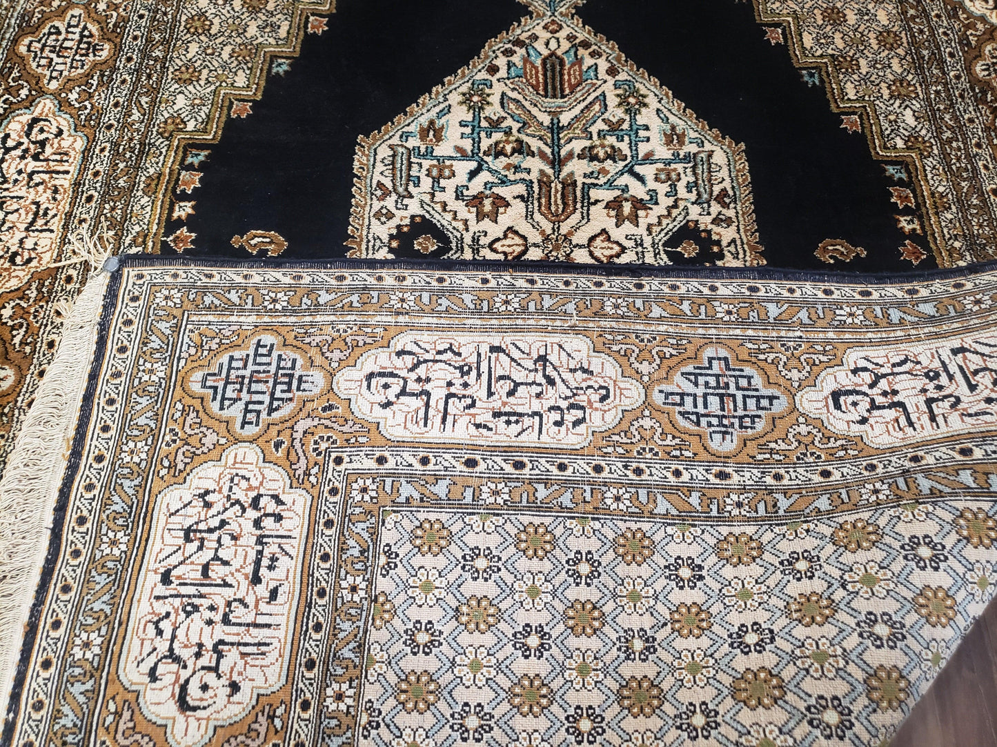 Persian Silk Qum Rug, Silk on Silk, Black Golden Brown and Beige, Hand-Knotted, 3'6" x 5' 5"