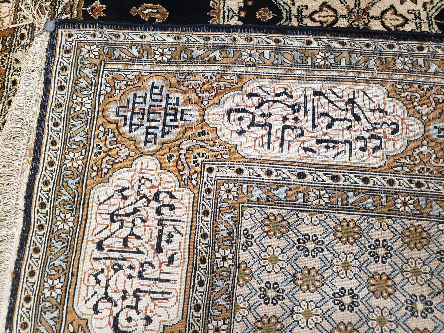 Persian Silk Qum Rug, Silk on Silk, Black Golden Brown and Beige, Hand-Knotted, 3'6" x 5' 5"