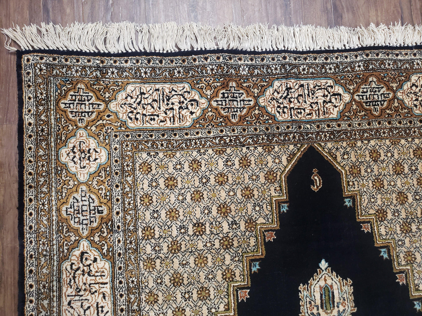 Persian Silk Qum Rug, Silk on Silk, Black Golden Brown and Beige, Hand-Knotted, 3'6" x 5' 5"