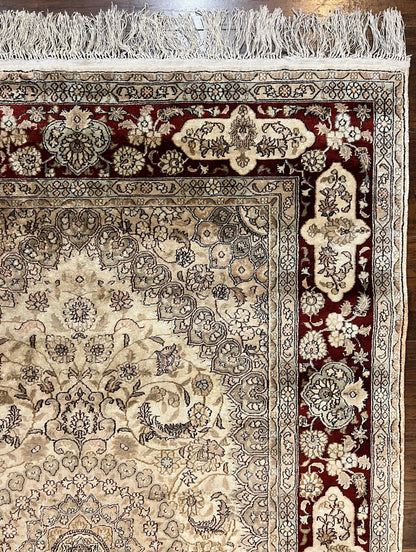 Silk Indian Kashmiri Rug 4x6 ft, Floral Medallion Hand Knotted Handmade Oriental Carpet, Vintage, Cream Burgundy, Very Fine Silk Rug 4 x 6