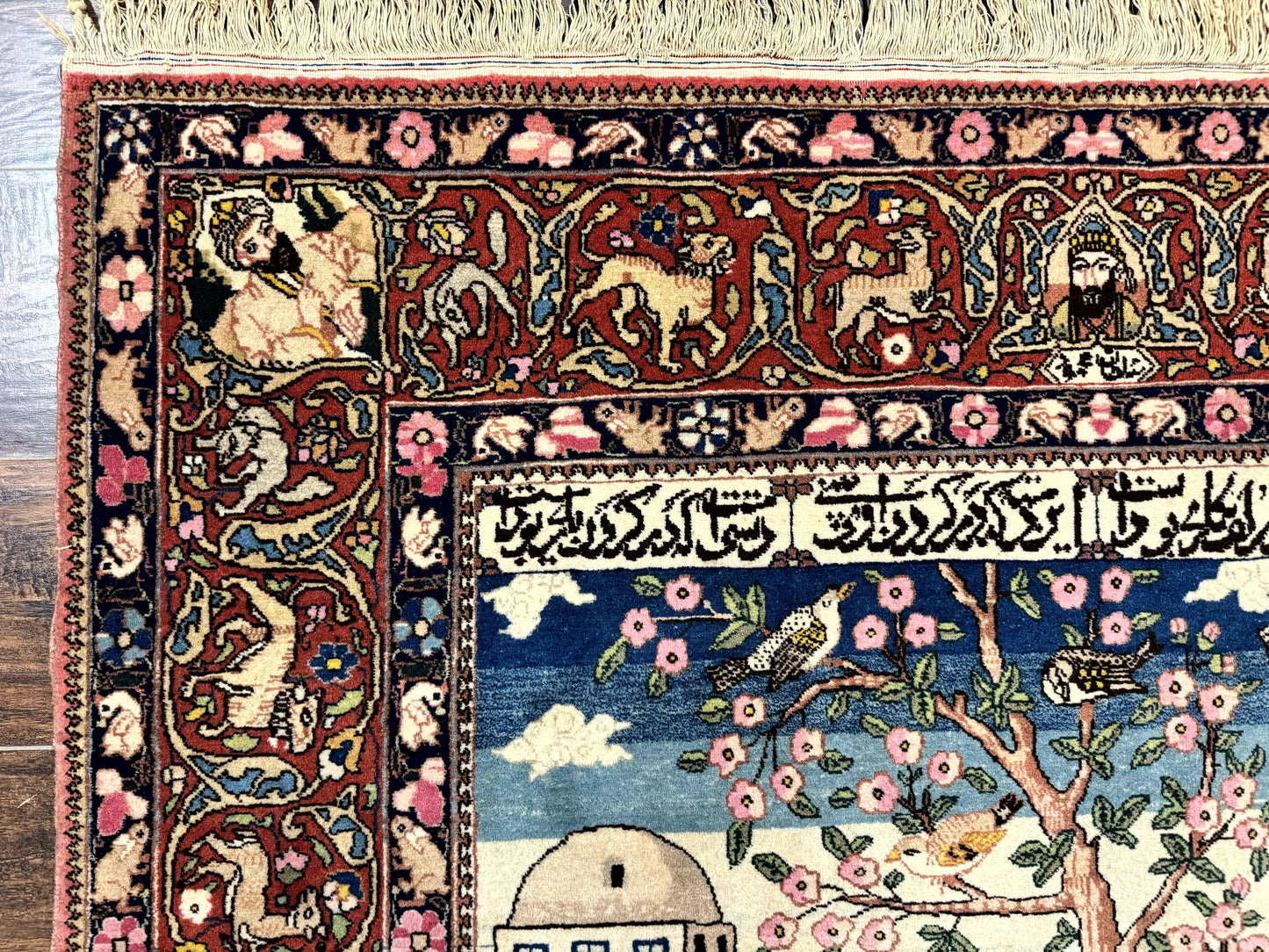 Wonderful Persian Kashan Pictorial Rug 4.7 x 6.5, Persian Rug for Wall Hanging, Handmade Antique Wool Carpet Animal Motifs Poetry Lovers, 240 KPSI