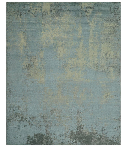 Abstract Design Blue, Beige And Gray 8x10 Hand Knotted Wool and Bamboo Silk Rug