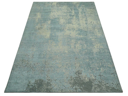Abstract Design Blue, Beige And Gray 8x10 Hand Knotted Wool and Bamboo Silk Rug