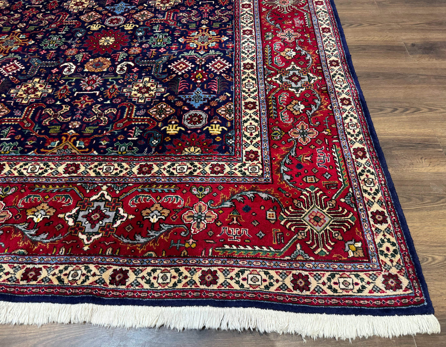 Large Persian Tabriz Rug 10x16, Navy Blue and Red, Allover Pattern, Vintage Hand Knotted Wool Carpet