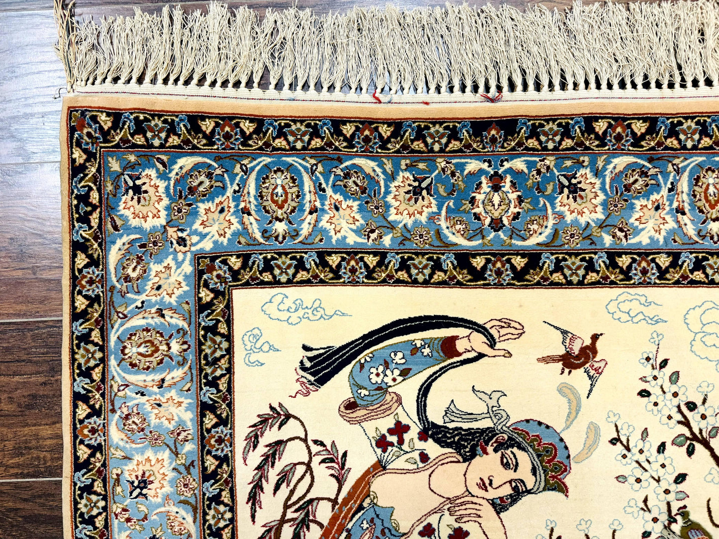 Persian Isfahan Pictorial Rug, Two Lovers, Kork Wool on Silk Foundation, Ivory and Light Blue, 500 KPSI Super Fine