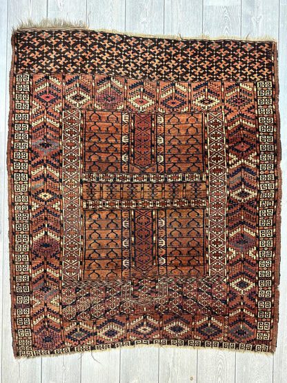 Antique 1880s Turkoman Tekke Ensi Tent Door Covering Rug 4’ x4’8”